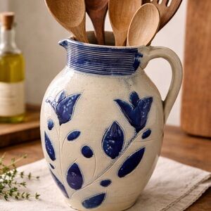 Blue Floral Ceramic Pitcher Vase - Home Art